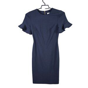 Womens Calvin Klein Navy Blue Sheath Dress Short Ruffle Sleeve Back Zip Size 2